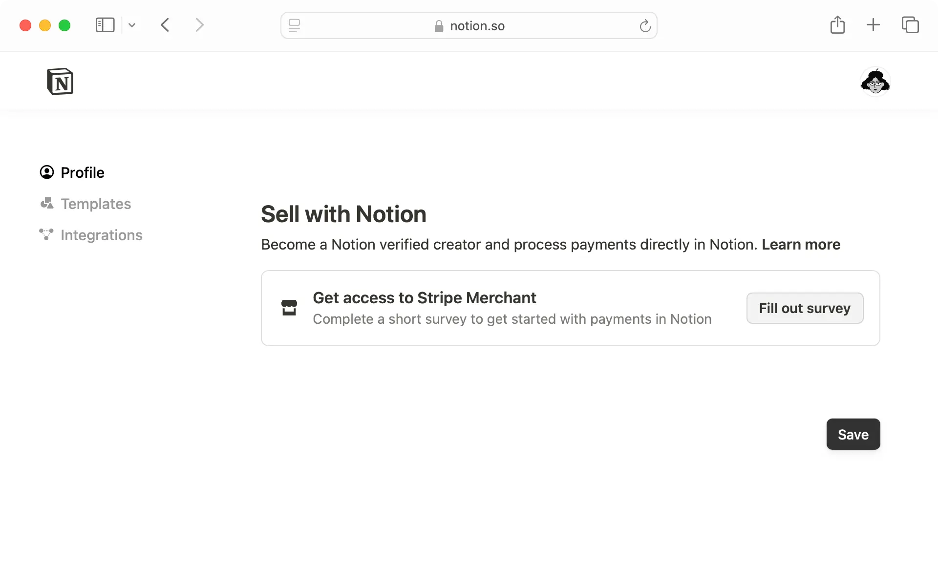 Notion을 통해 판매하려면 설문 조사를 완료하여 Stripe Merchant에 대한 사용 권한을 확보하세요.