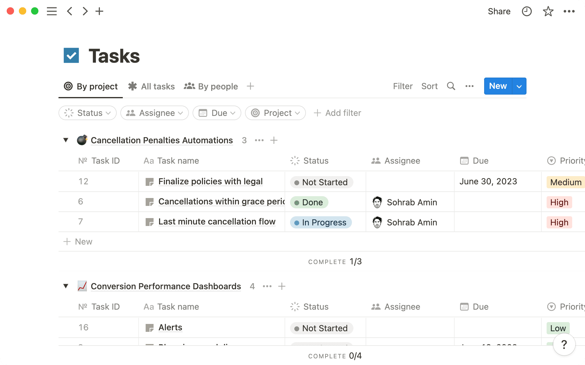 A tasks database can include vital information, like task status, owner, and timelines.