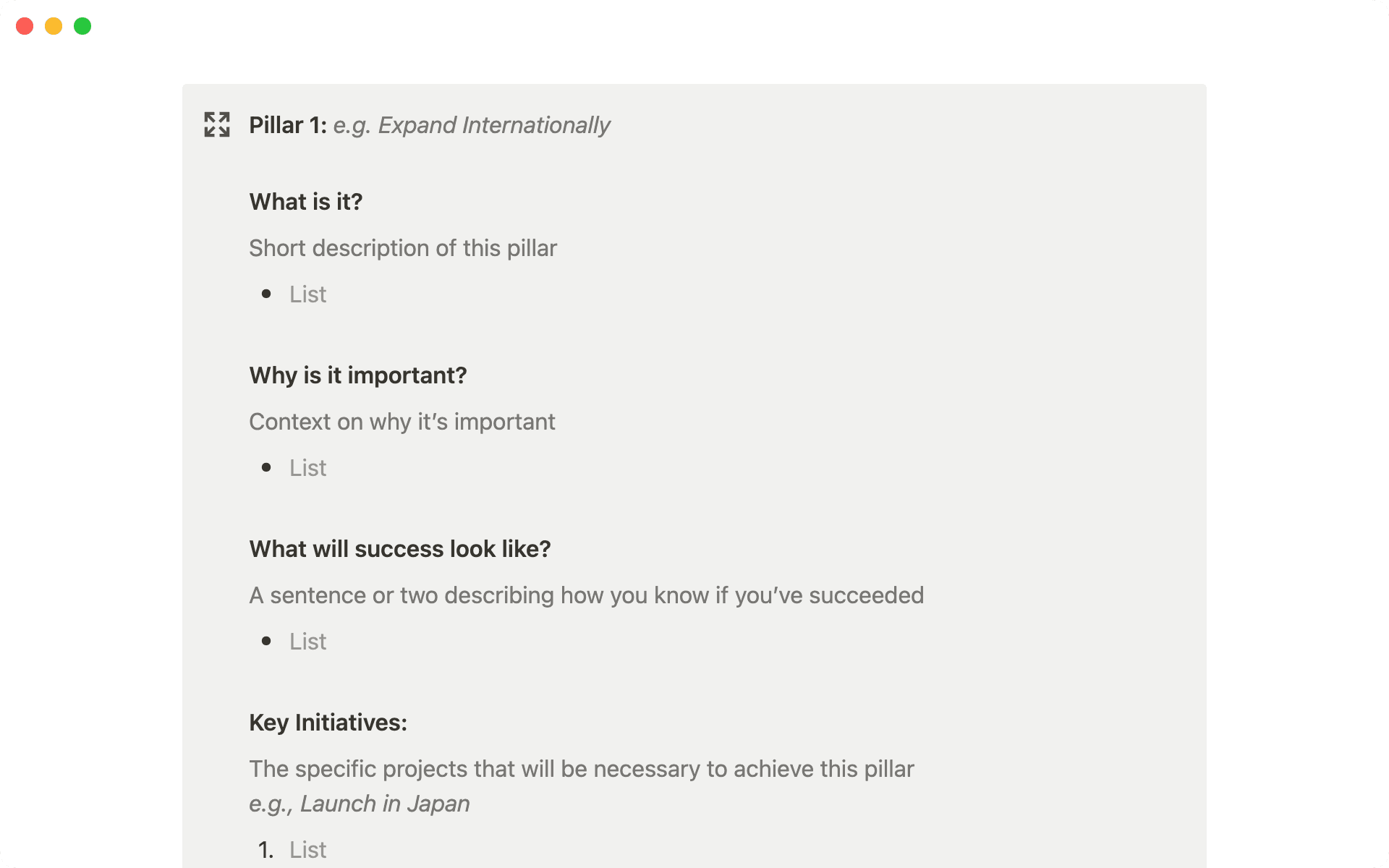 Crie cada pilar estratégico definindo o quê, o por quê, as métricas de sucesso e as iniciativas importantes.