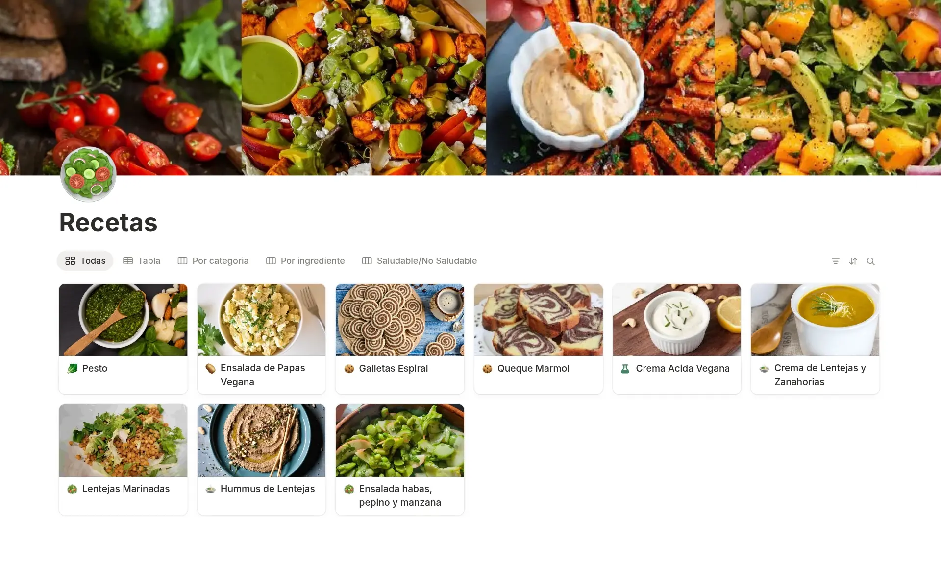 Captura de pantalla de la colección Tu caja de recetas de Notion